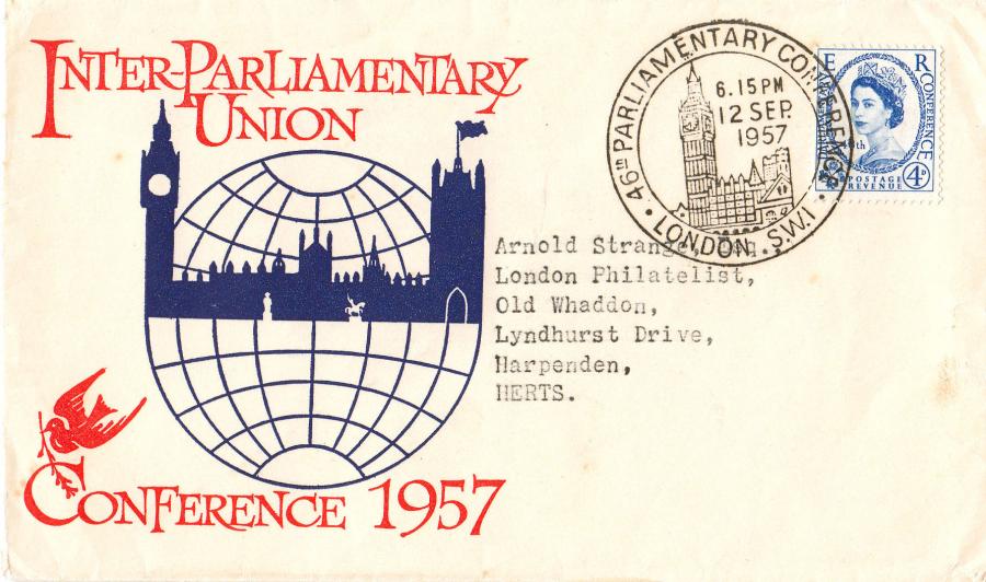 1957 (09) Parliament - Red Text/Blue Globe Cover - Big Ben H/S
