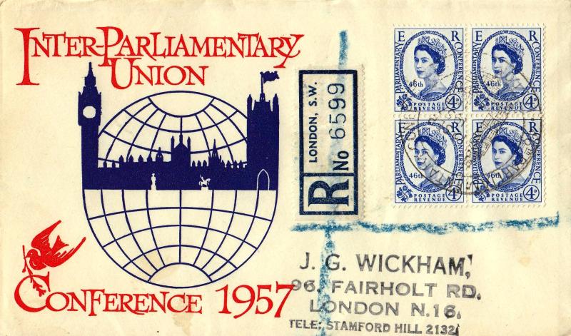 1957 (09) Parliament - Red Text/Blue Globe Cover - Block of Four - Big Ben H/S