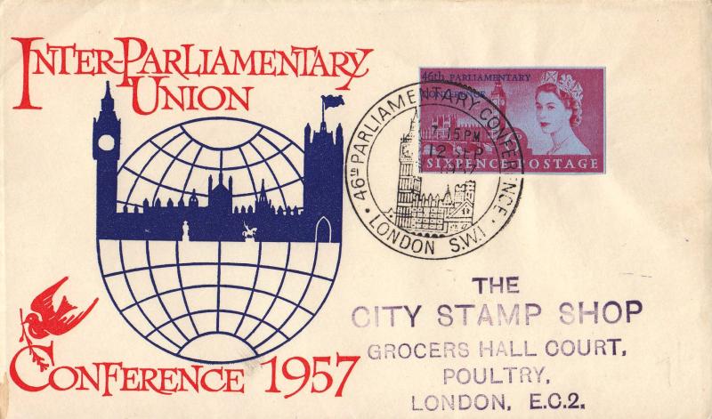 1957 (09) Parliament - IPU Conference Cover - Six Pence Airmail Stamp - Conference 'Big Ben' H/S