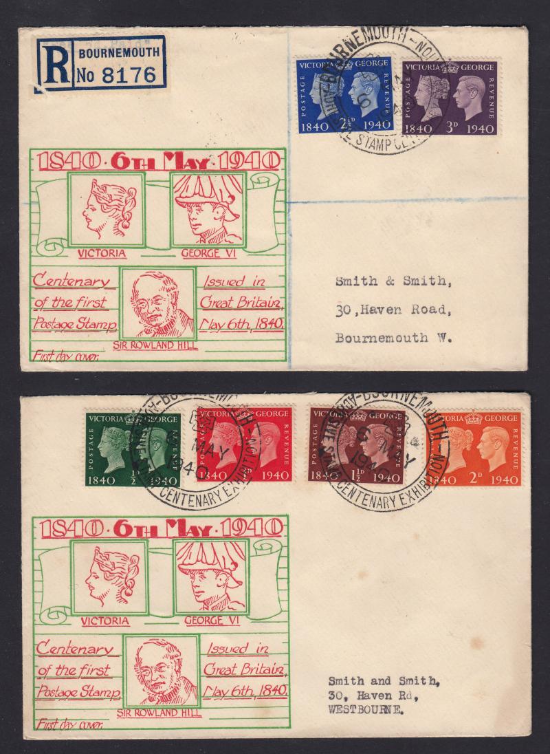 1940 (05) Centenary - Pair of 'Green & Red' Portrait covers - Bournemouth Adhesive Stamp Exhibition H/S
