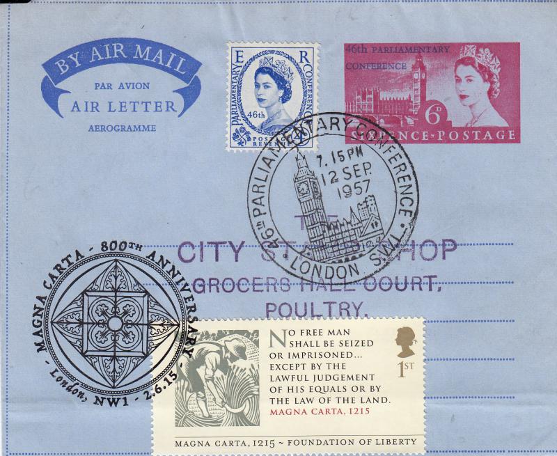 1957 (09) Parliamentary Conference - Conference Air Mail Letter - 'Big Ben' H/S - Then Doubled with a 2015 Magna Carta 1st Class