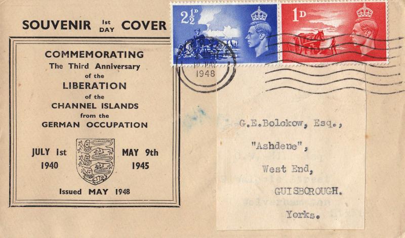1948 (05) Channel Islands Liberation - 'Shield & Text' Cover - Jersey Wavy Line Slogan