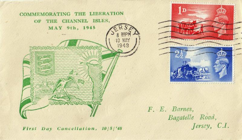 1948 (05) Channel Islands Liberation - Green 'Flag & Scene' Cover - Jersey Wavy Line Slogan