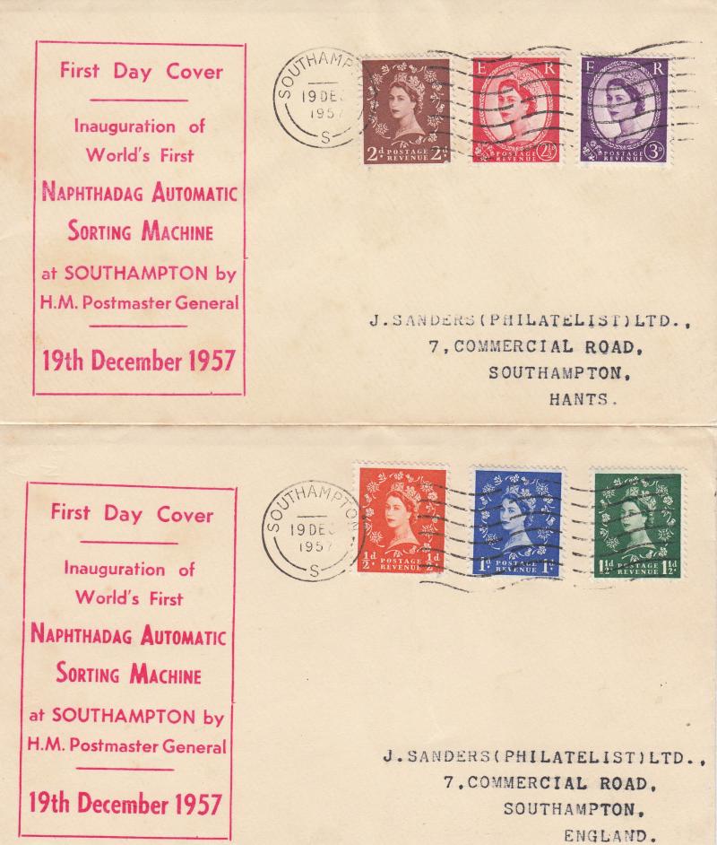 1957 (12) Naphthadag Automatic Letter Sorting Machine - Sanders Covers (Pair) - Southampton Wavy Line Slogan