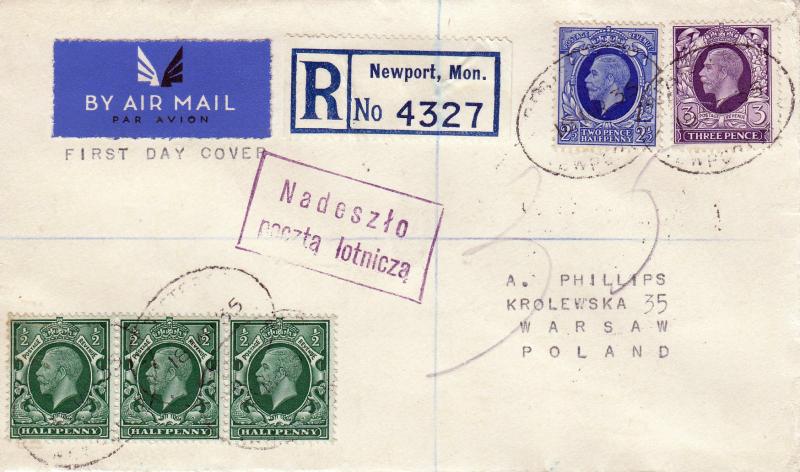 1935 (03) Photogravure 2½d Blue + 3d Violet Definitives - A Phillips Air Mail Cover (With cachet) - Newport Registered Oval CDS