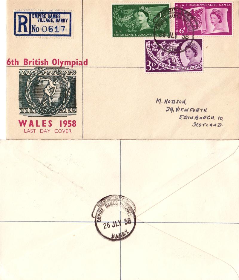 1958 (07) Commonwealth Games - Green Crest & Logo Cover - Barry Games Village Hooded CDS - Last Day Cover