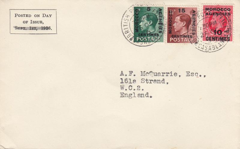 1936 (10) Edward VIII Morocco Agencies Overprinted Definitives - Display Text Cover - British Post Office Casablanca CDS