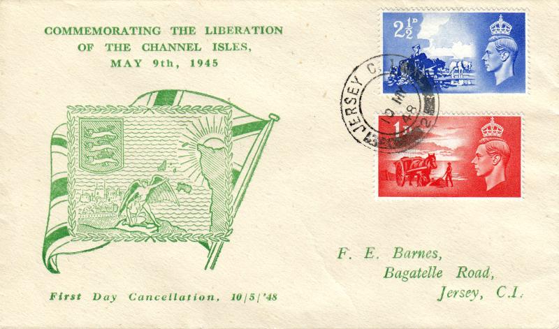 1948 (05) Channel Islands Liberation - Green 'Flag & Scene' Cover - Jersey CDS