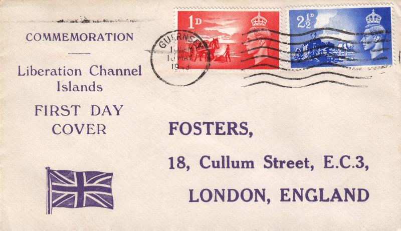 1948 (05) Channel Islands Liberation - Fosters 'Flag' Cover - Guernsey Wavy Line Slogan