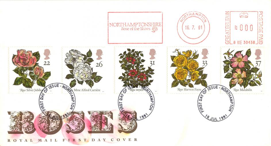 1991 (07) Roses - RM - Northamptonshire, Rose of The Shires Meter Mark + Northampton FDI