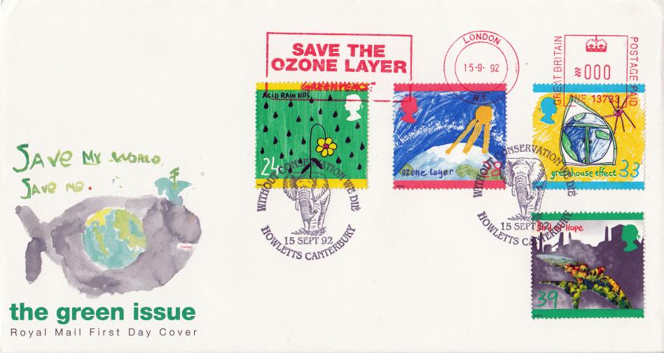 1992 (09) Green Issue - RM - Howletts H/S + Save The Ozone Layer Meter Mark