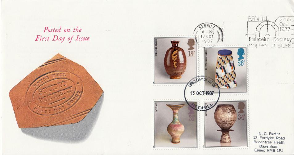 1987 (10) Pottery - RM - Redhill Philatelic Society Golden Jubilee Slogan