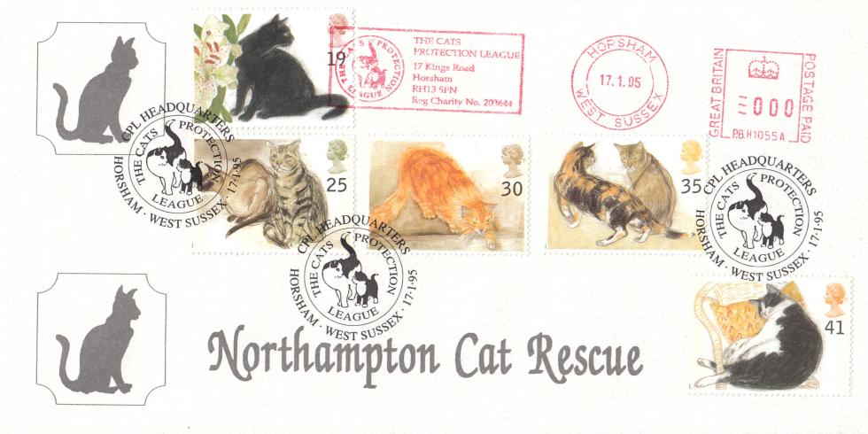 1995 (01) Cats - Northampton Cat Rescue Cover - Cats Protection League Meter Mark - Cats Protection League, Horsham H/S.