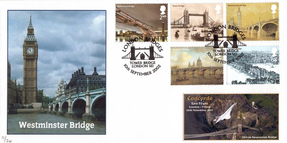 2002 (09) London Bridges - Cambridge 'Westminster Bridge' Official + Concorde Last Flight Label