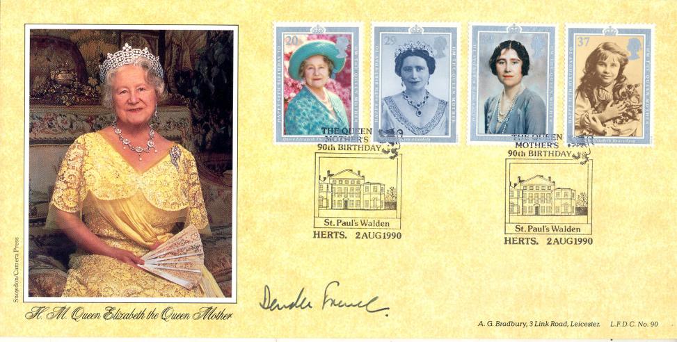 1990 (08) Queen Mother - Bradbury LFDC (St Paul's Walden) Official - Signed Rev Dendle French