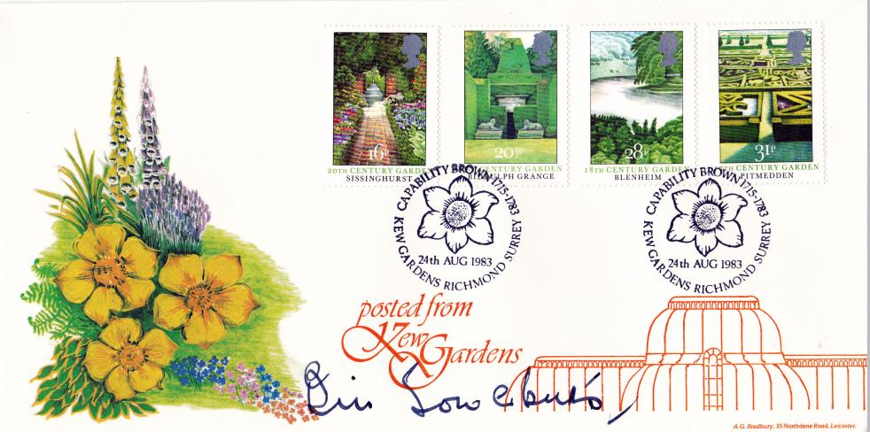 1983 (08) Gardens - Bradbury LFDC Official (With Kew Gardens Overprint) - Signed by Bill Sowerbutts