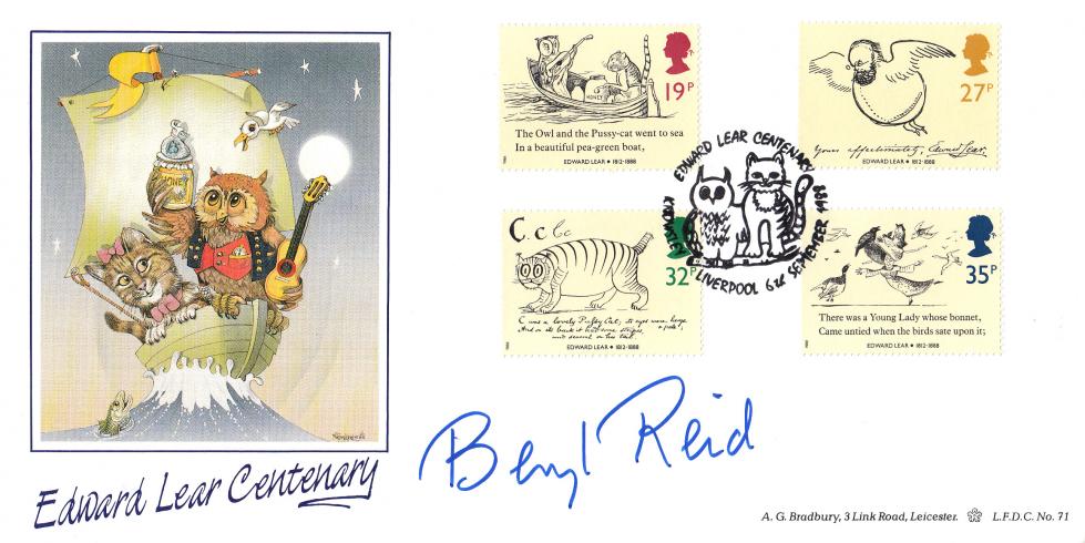 1988 (09) Edward Lear (Stamps) - Bradbury LFDC Official - Signed by Beryl Reid