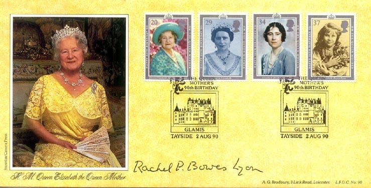 1990 (08) Queen Mother - Bradbury LFDC (Glamis, Tayside) Official - Signed Lady Rachel Bowes Lyon