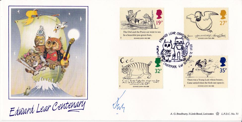 1988 (09) Edward Lear (Stamps) - Bradbury LFDC Official - Signed by the Earl of Derby