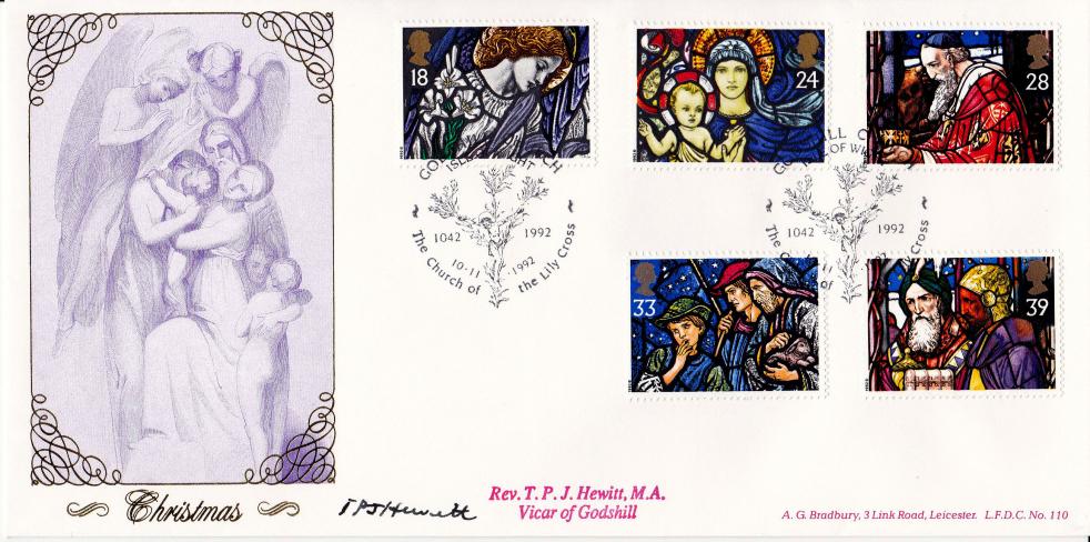 1992 (11) Christmas - Bradbury LFDC Official - Signed by Rev'd T.P.J. Hewitt