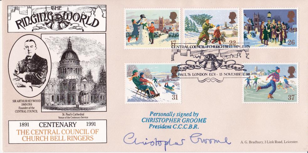 1990 (11) Christmas - Bradbury Central Council of Church Bell Ringers Official - Signed by Christopher Groome