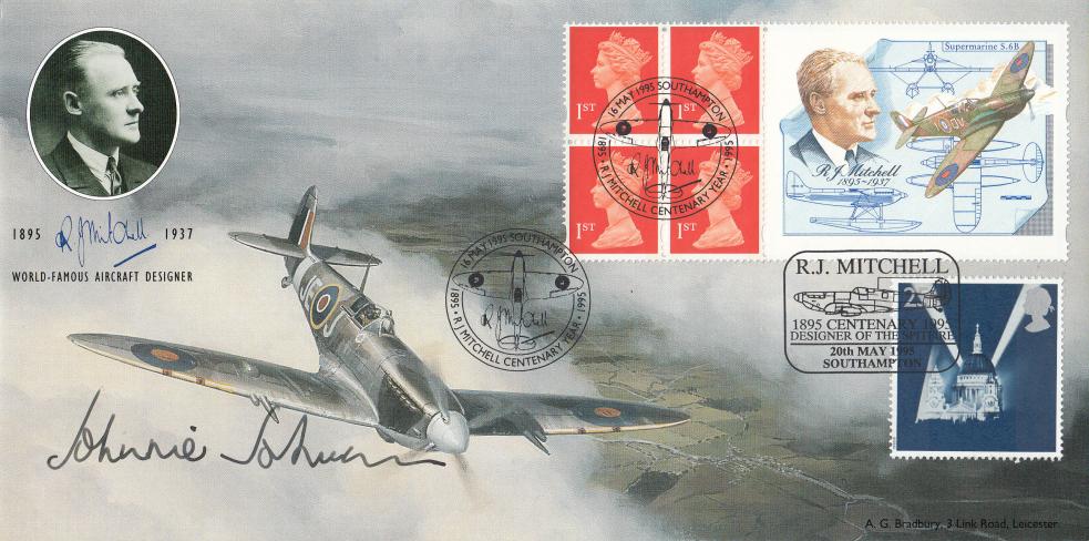 1995 (05) RJ Mitchell Spitfire Label - Bradbury Official - Signed by the late Air Vice Marshall Johnnie Johnson