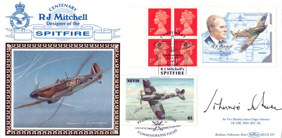 1995 (05) RJ Mitchell Spitfire Label - Benham BLCS 107 Official - Signed by the late Air Vice Marshall Johnnie Johnson