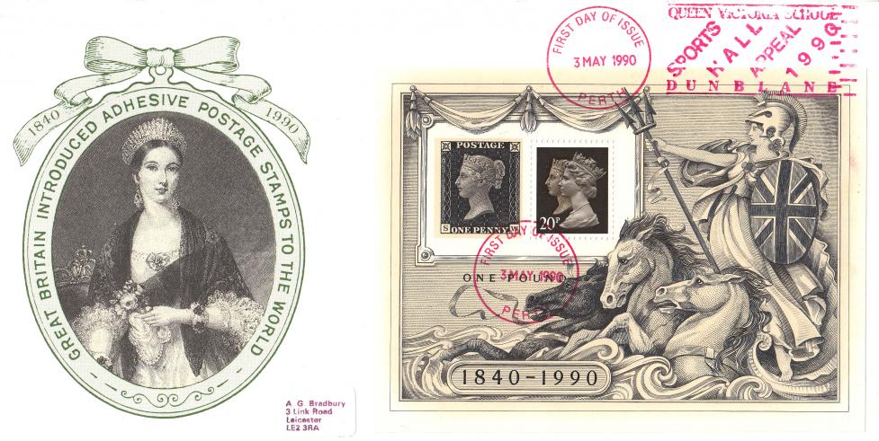 1990 (05) Penny Black M/S - Bradbury Perkins Bacon Official - Queen Victoria School Sports Hall Appeal Slogan