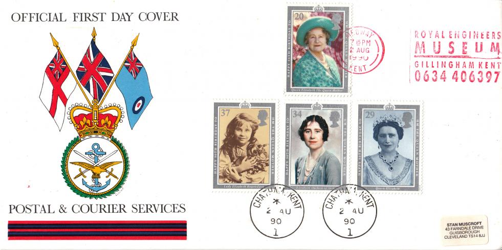 1990 (08) Queen Mother - Postal & Courier Services Cover - Royal Engineers Museum Slogan