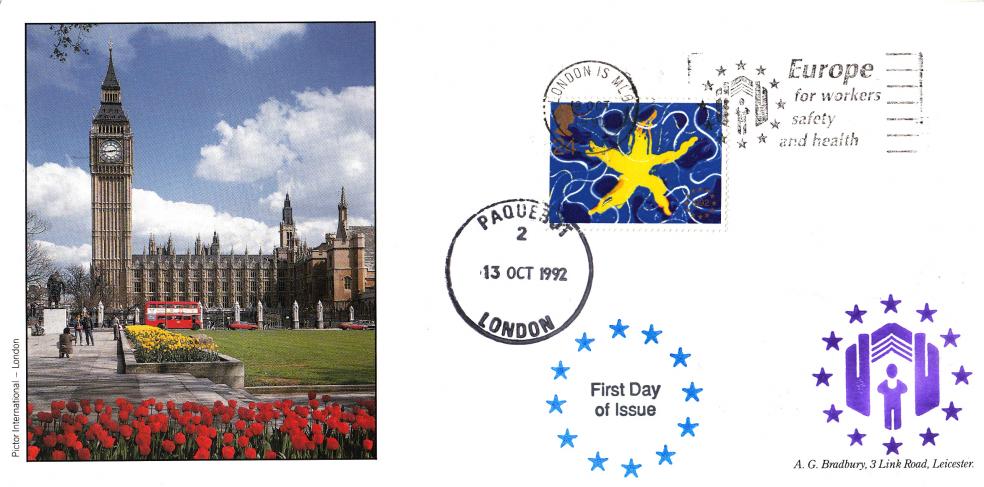 1992 (10) Single Market - Bradbury 'Big Ben' Cover - Europe For Workers Slogan + Paquebot CDS + 'Blue Stars' Cachet
