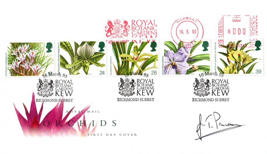 1993 (03) Orchids - RM - Royal Botanic Gardens, Kew H/S + Royal Botanic Gardens, Kew Meter Mark - Signed by the Kew Director!