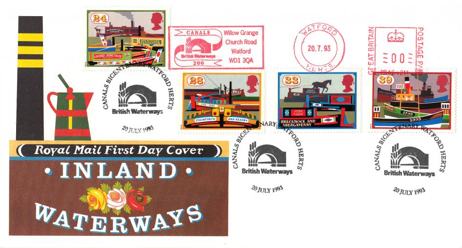 1993 (07) Canals - RM - British Waterways, Watford H/S + Canals 200, British Waterways, Watford Meter Mark WITH Soulbury & Marsworth Junction Locks Cachets