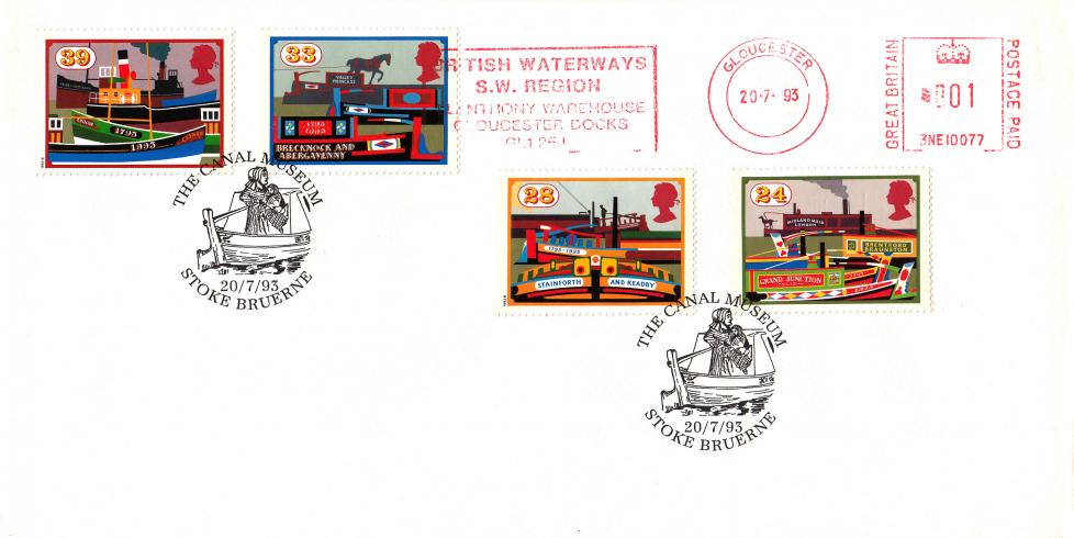 1993 (07) Canals - British Waterways Canals 200 Cover - The Canal Museum, Stoke Bruerne H/S + British Waterways, S.W. Region, Gloucester Meter Mark