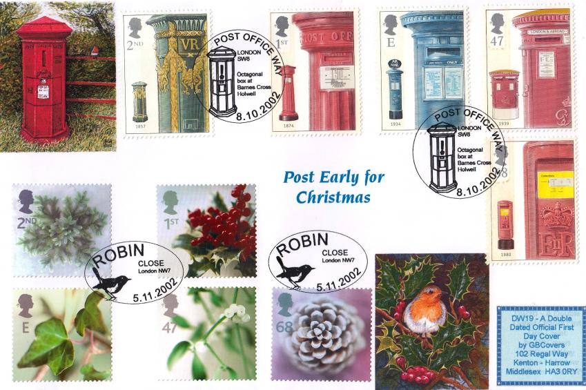2002 (10) Post Boxes + 2002 (11) Christmas - GB Covers (Derek Williams) Double Official