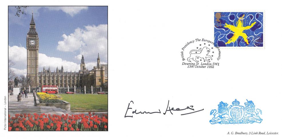 1992 (10) Single Market - Bradbury 'Big Ben' Cover - Downing Street (Lion) H/S - Signed by the late PM Edward Heath