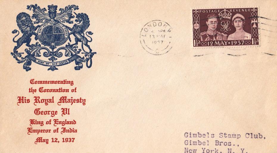 1937 (05) King George VI Coronation - Embossed 'Coat of Arms' Cover - London W1 Wavy Line Slogan