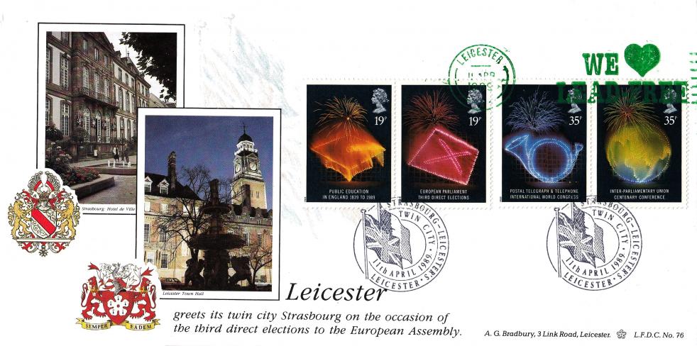 1989 (04) Anniversaries - Bradbury LFDC 76 - We Love Lead Free Slogan (Strasbourg H/S)