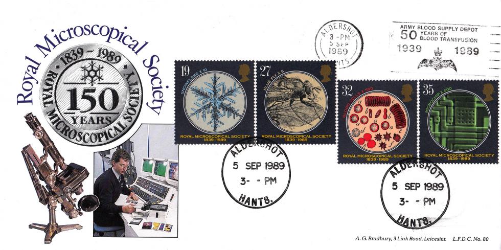 1989 (09) Microscopes - Bradbury LFDC 80 - Army Blood Supply Depot 50 Years of Blood Transfusions Slogan