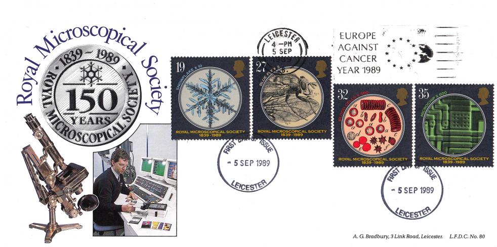 1989 (09) Microscopes - Bradbury LFDC 80 - Europe Against Cancer Year 1989 Slogan