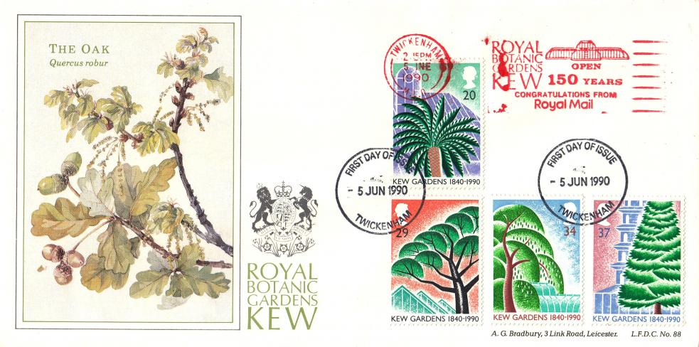 1990 (06) Kew Gardens - Bradbury LFDC 88 - Royal Botanical Gardens Kew Open 150 Years Slogan