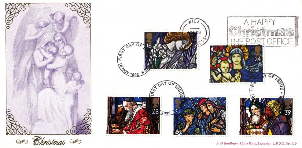 1992 (11) Christmas - Bradbury LFDC 110 - A Happy Christmas The Post Office (Wick) Slogan