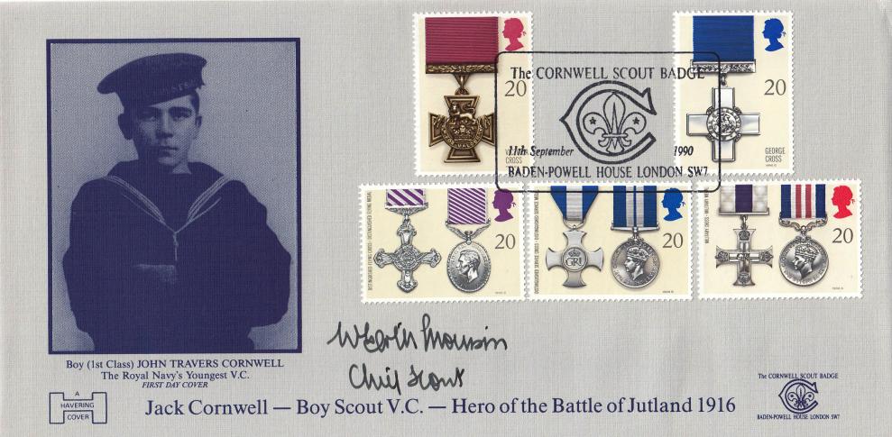 1990 (09) Gallantry - Havering Jack Cornwell VC Scout Badge, Baden-Powell House Official - Signed by the Chief Scout