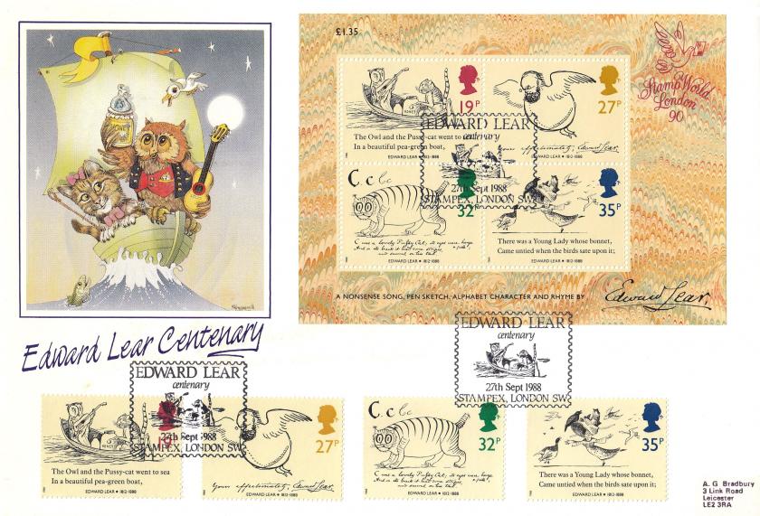 1988 (09) Edward Lear (Stamps + M/S) - Bradbury LFDC 72 (Large Version) - Edward Lear, Stampex H/S