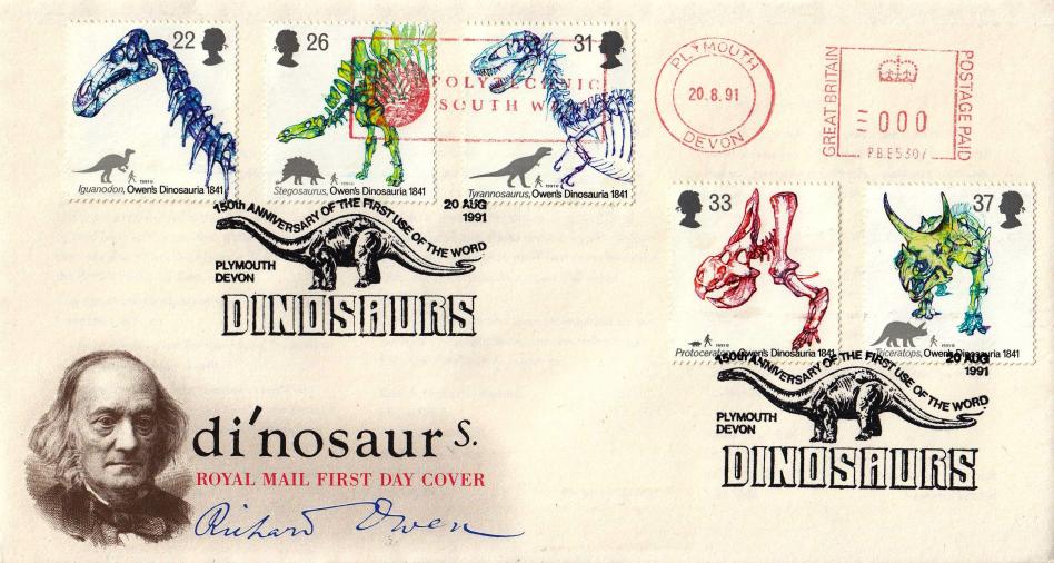 1991 (08) Dinosaurs - RM - First Use of The Word Dinosaurs H/S + Polytechnic South West Meter Mark