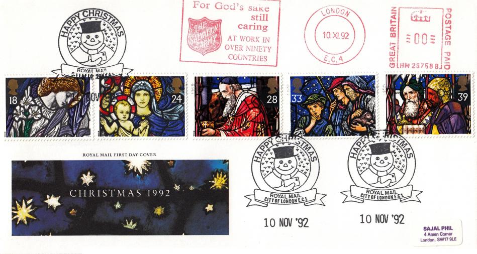 1992 (11) Christmas - RM - Happy Christmas (Santa) H/S + The Salvation Army Meter Mark