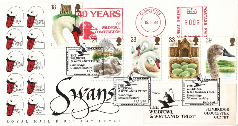 1993 (01) Swans - RM - WWT, Slimbridge (Square) H/S + 40 Years of Wildfowl Conservation Meter Mark