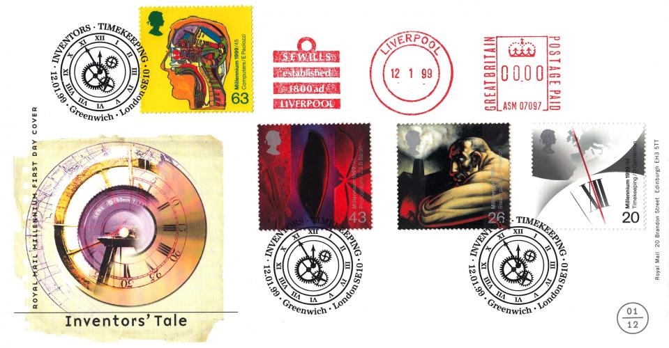 1999 (01) Inventors - RM - Timekeeping, Greenwich H/S + Sewills Meter Mark (With Overprint on rear)