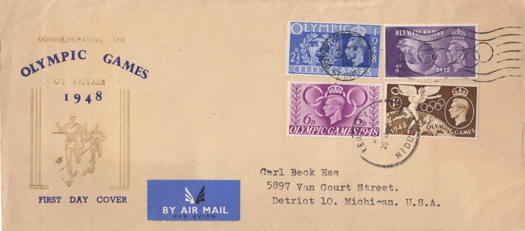 1948 (07) Olympics - Brown & Gold 'Runners' Cover (Blue Text) - Olympic Games, Wembley Slogan + Wembley CDS
