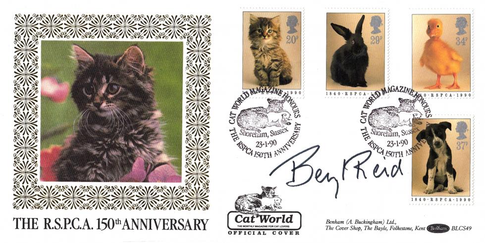 1990 (01) RSPCA - Benham BLCS 49 'Cat World' Official (Kitten with Green Background) - Signed by the late Beryl Reid