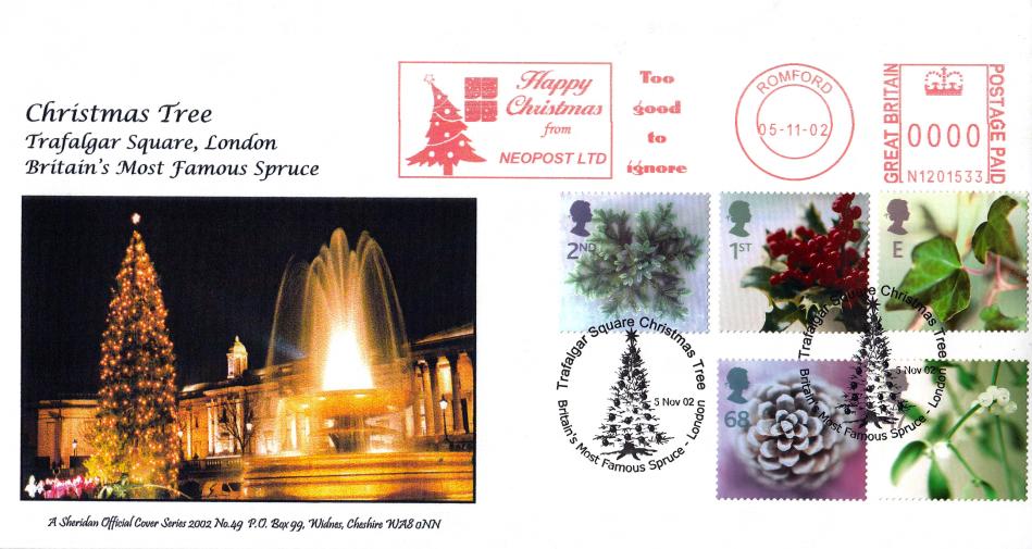 2002 (11) Christmas - Sheridan 'Trafalgar Square Christmas Tree' Official + Happy Christmas from Neopost Meter Mark